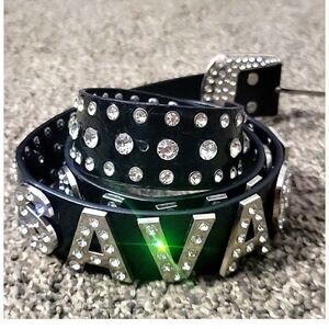 Savage rhinestone crystal bling patent vegan leather belt XL38-40